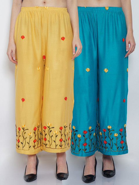 

Jinfo Women Pack of 2 Floral Embroidered Flared Knitted Ethnic Palazzos, Beige