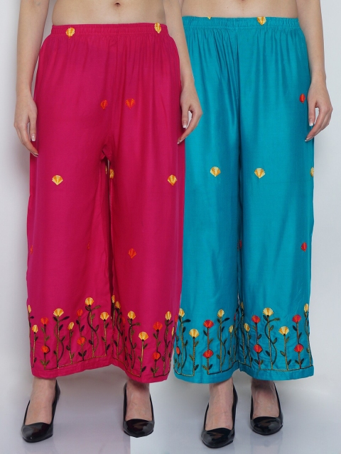 

Jinfo Women Pink & Blue 2 Floral Embroidered Flared Knitted Ethnic Palazzos