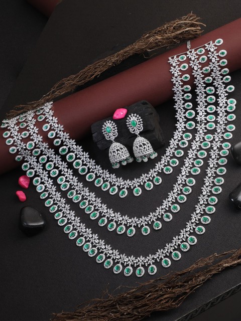 

Adwitiya Collection Rhodium-Plated White & Green Studded Jewellery Set