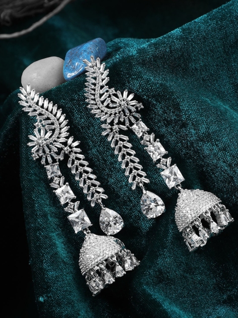

Adwitiya Collection Silver-Toned CZ Stone Dome Shaped Drop Earrings