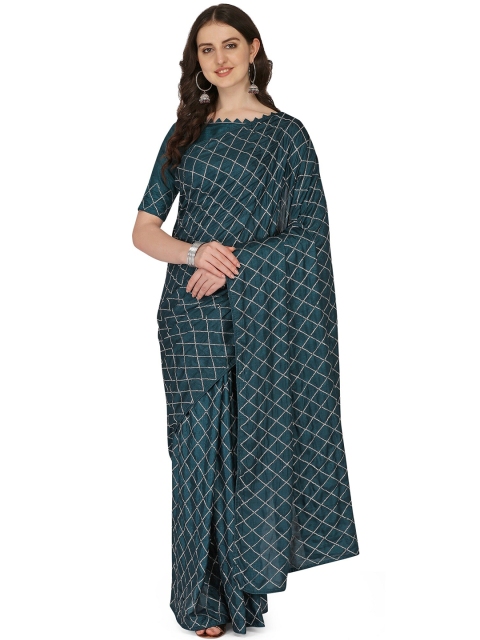 

KALINI Blue Embellished Checked Jute Silk Saree