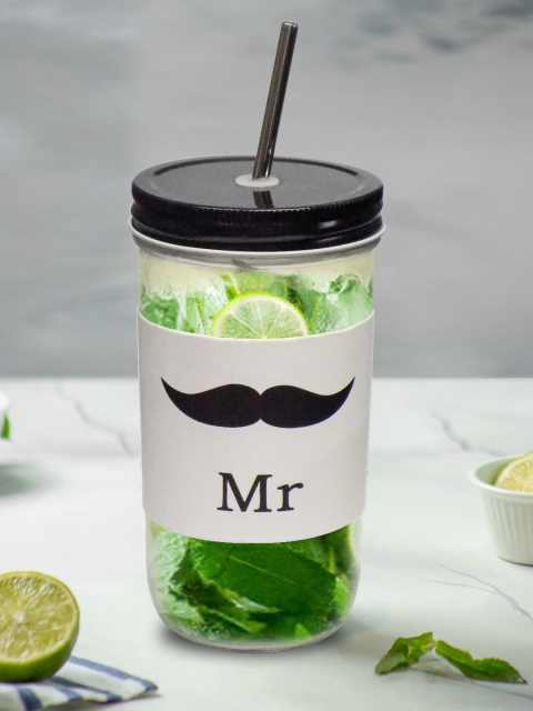 

MARKET99 Transparent & Black Printed Glass Mason Mug