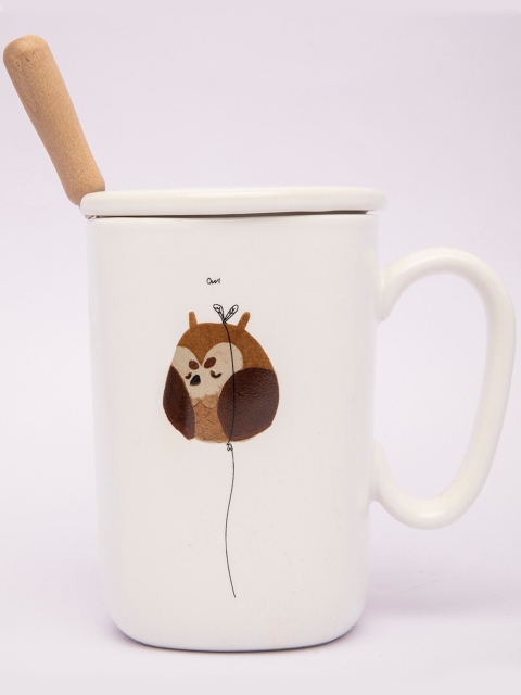 

MARKET99 White & Brown Printed Ceramic Matte Mugs with Lid & Spoon