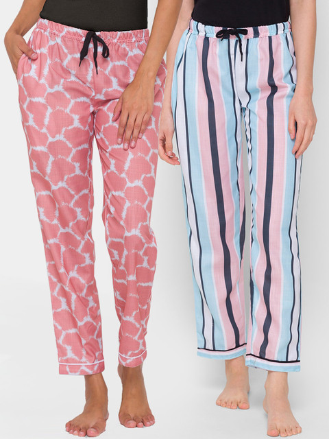 

FashionRack Women Peach-Coloured & Blue Set Of 2 Printed Cotton Lounge Pants