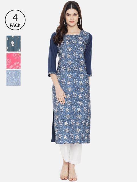 

KALINI Women Multicoloured Ethnic Motifs Printed Crepe Kurta Pack Of 4, Multi