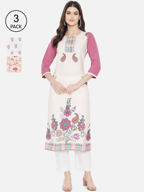 

KALINI Women Multicoloured Ethnic Motifs Printed Crepe Kurta Pack Of 3, Multi