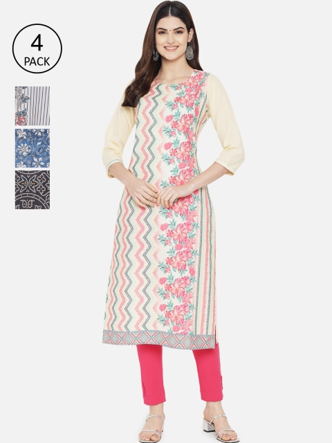 

KALINI Women Multicoloured Set of 4 Floral Printed Thread Work Crepe Kurta, Multi