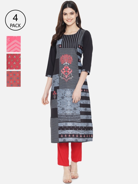 

KALINI Women Multicoloured Set Of 4 Ethnic Motifs Printed Crepe Kurta, Multi