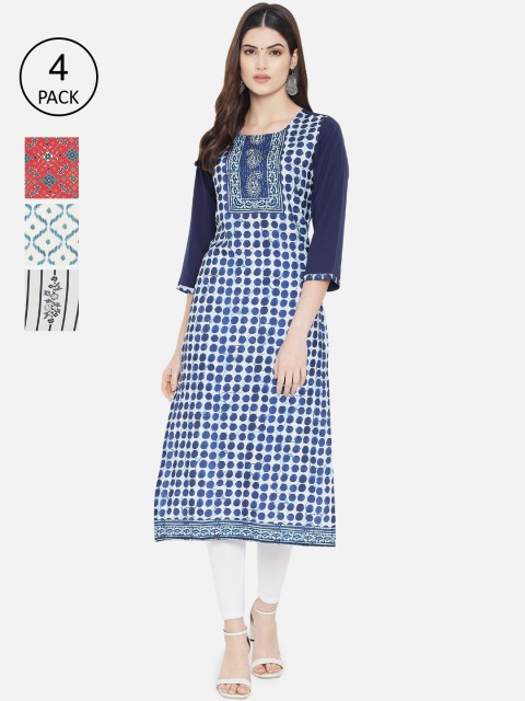 

KALINI Women Pack Of 4 Multicoloured Striped Thread Work Crepe Kurtas, Multi