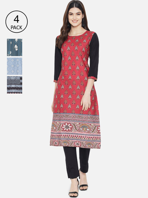 

KALINI Women Multicoloured Set of 4 Geometric Printed Mirror Work Crepe Kurta, Multi