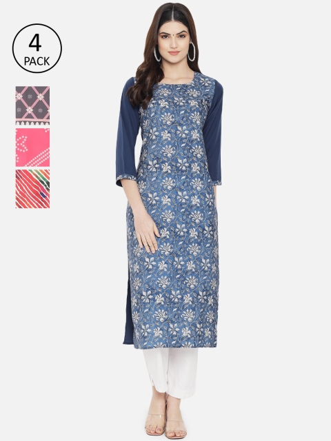 

KALINI Women Multicoloured Ethnic Motifs Printed Crepe Kurta Pack Of 4, Multi