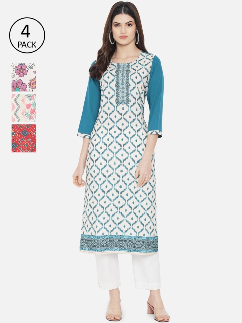 

KALINI Women Pack of 4 Blue & White Printed Crepe Kurta