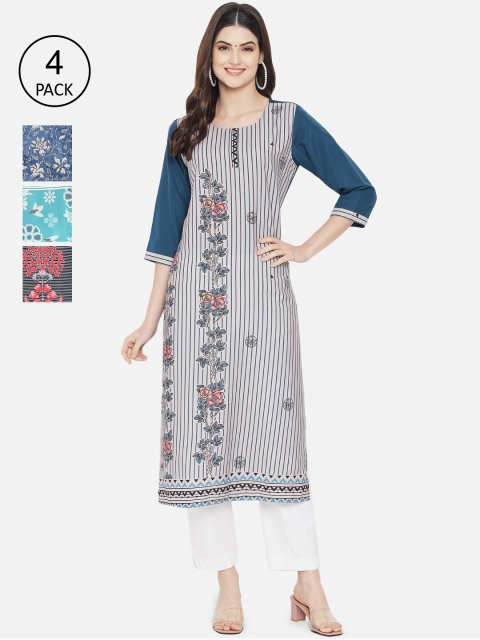 

KALINI Women Set of 4 Ethnic Motifs Printed Crepe Kurta, Multi
