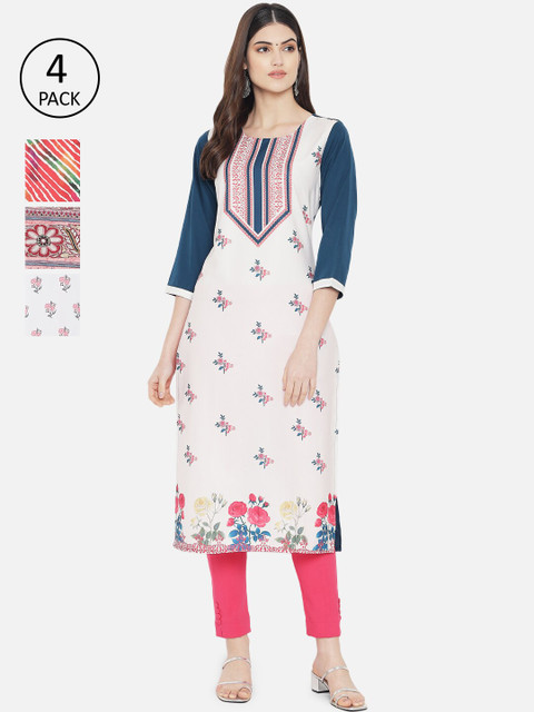 

KALINI Women Pack Of 4 White & Red Printed Crepe Kurta