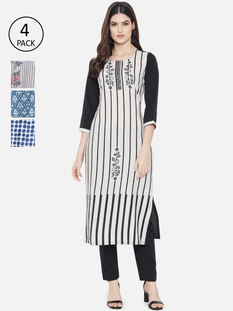 

7Threads Women White & Blue Pack Of 4 Digital Printed Straight Kurta
