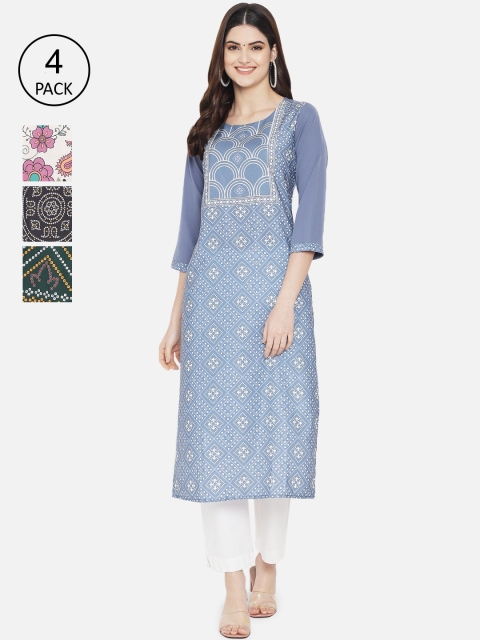 

7Threads Women Multicoloured Set Of 4 Geometric Printed Crepe Kurta, Multi