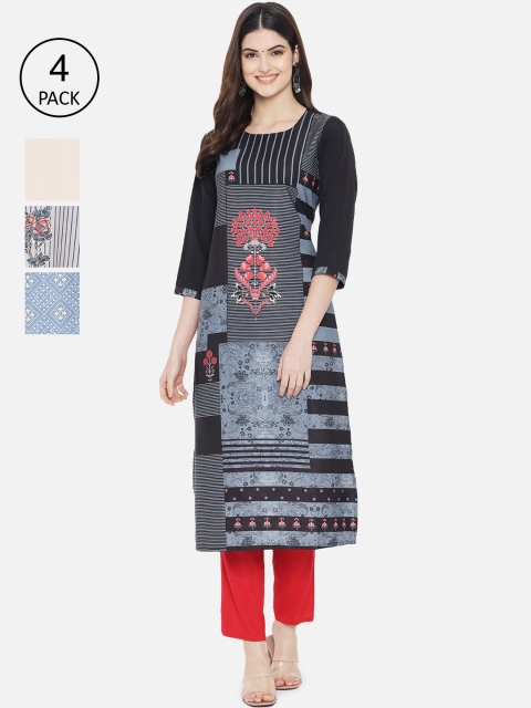 

7Threads Women Multicoloured Ethnic Motifs Printed Crepe Kurta Pack Of 4, Multi