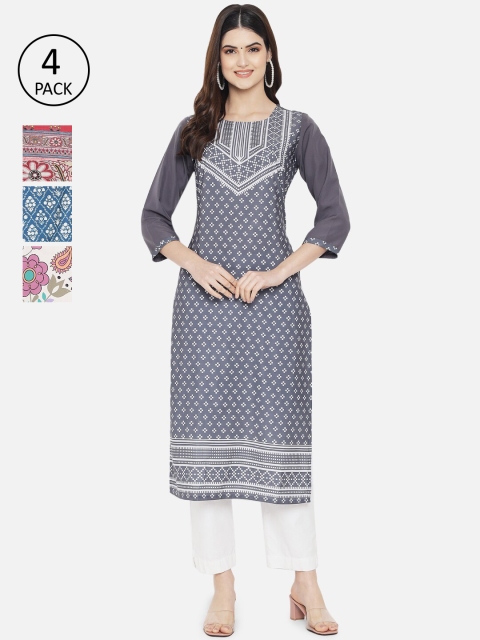 

7Threads Women Multicoloured Ethnic Motifs Printed Crepe Kurta Pack Of 4, Multi