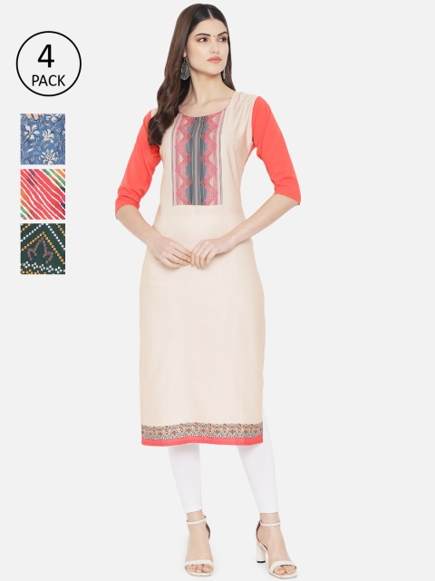 

7Threads Women Multicoloured Ethnic Motifs Printed Crepe Kurta Pack Of 4, Multi
