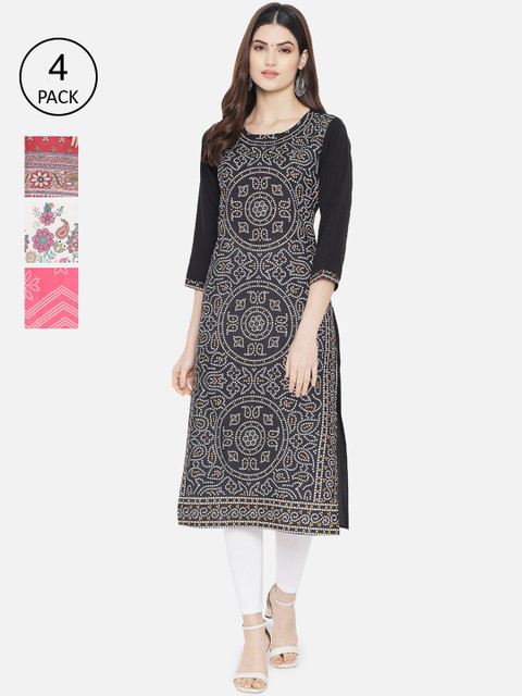 

7Threads Women Multicoloured Pack of 4 Ethnic Motifs Printed Crepe Kurta, Multi