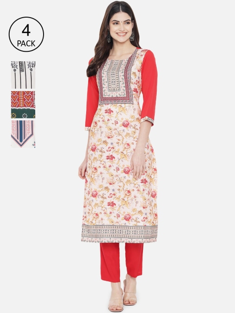 

7Threads Women Multicoloured Set of 4 Floral Printed Crepe Kurta, Multi