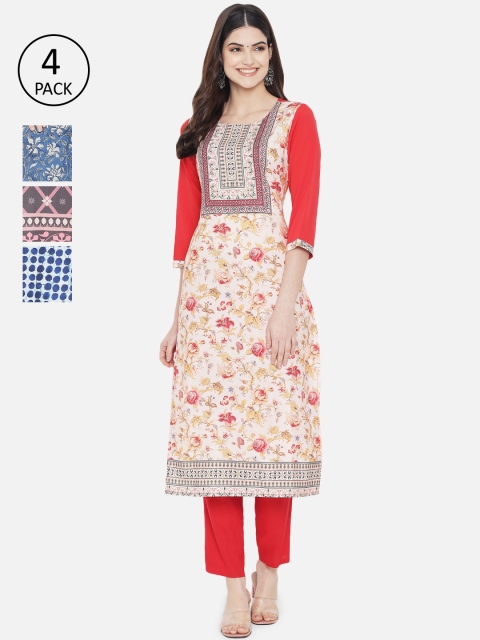 

7Threads Women Pack of 4 Blue & White Printed Crepe Kurta