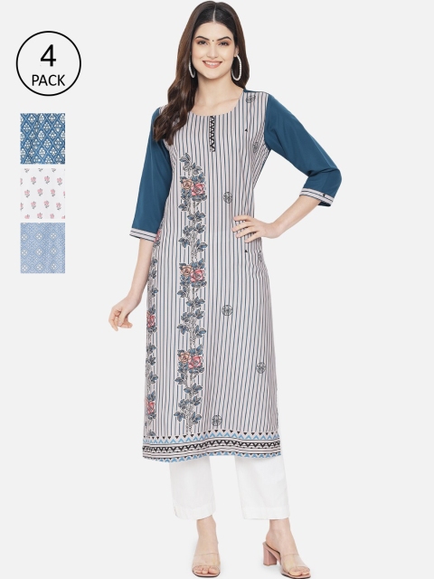 

7Threads Women Grey & Blue Pack Of 4 Digital Print Straight Kurta