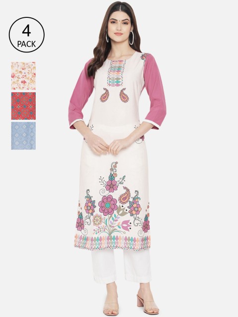 

7Threads Women Multicoloured Ethnic Motifs Printed Crepe Kurta Pack Of 4, Multi