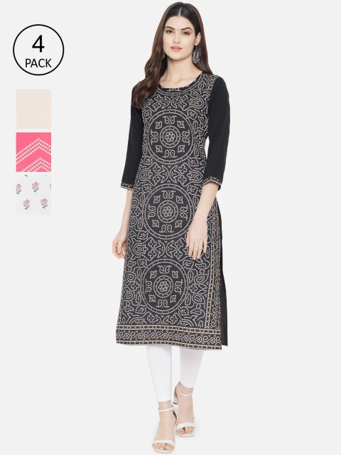 

7Threads Women Pack of 4 Multicoloured Ethnic Motifs Printed Thread Work Crepe Kurta, Multi