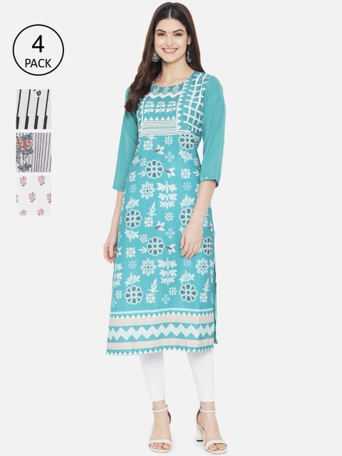 

7Threads Women Pack of 4 Ethnic Motifs Printed Floral Crepe Kurta, Multi