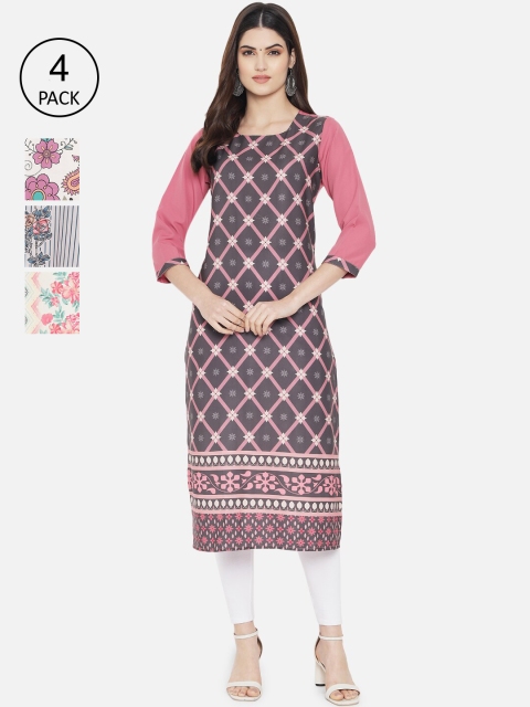 

7Threads Women Pack of 4 Printed Kurtas, Pink