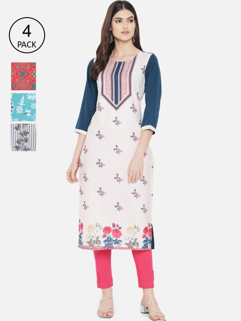 

7Threads Women Multicoloured Set of 4 Ethnic Motifs Printed Crepe Kurta, Multi