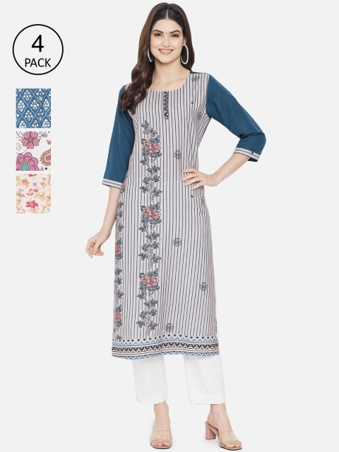 

7Threads Women Set Of 4 Multicoloured Ethnic Motifs Printed Crepe Kurta, Multi