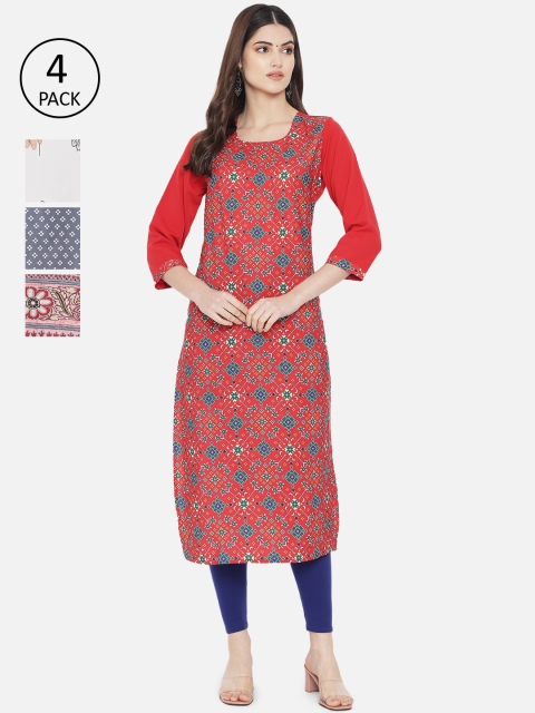 

7Threads Women Pack of 4 Multicoloured Ethnic Motifs Printed Crepe Kurta, Multi
