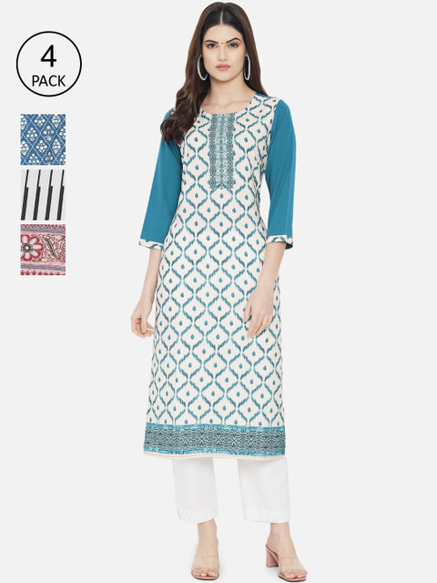 

7Threads Women Pack Of 4 Printed Crepe Kurta, Blue
