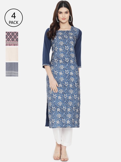 

7Threads Women Multicoloured Set of 4 Floral Printed Crepe Kurta, Multi