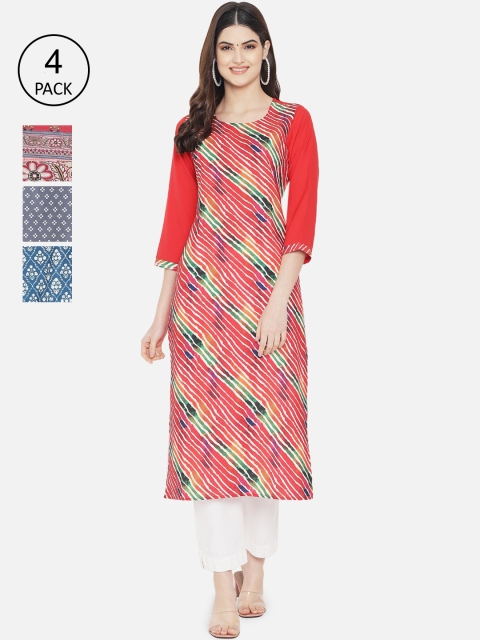 

7Threads Woman Pack of 4 Multicoloured Striped Crepe Kurta, Multi