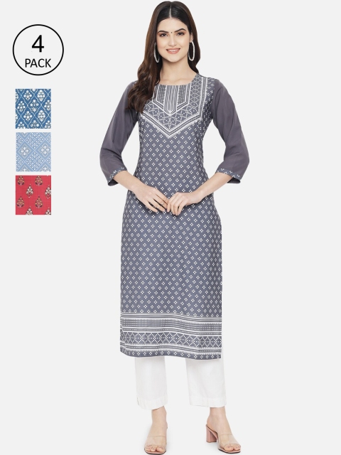 

7Threads Women Multicoloured Set of 4 Ethnic Motifs Printed Crepe Kurta, Multi