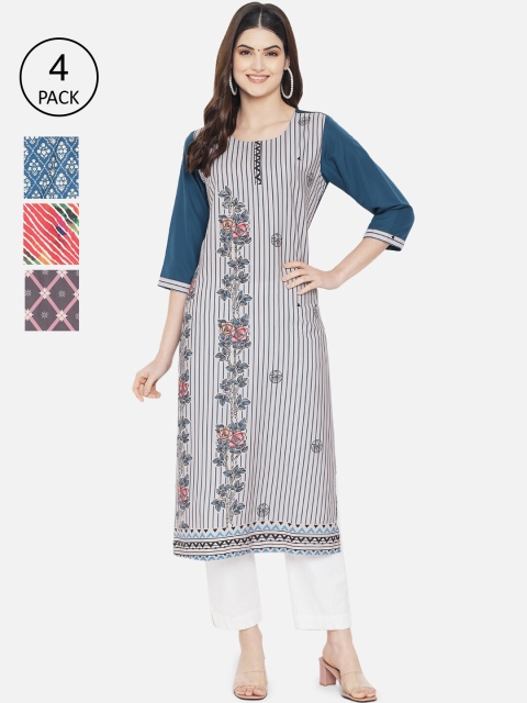 

7Threads Women Pack of 4 Blue & White Printed Crepe Kurta