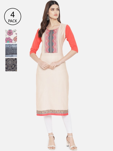 

7Threads Women Multicoloured Set Of 4 Floral Printed Crepe Kurta, Multi
