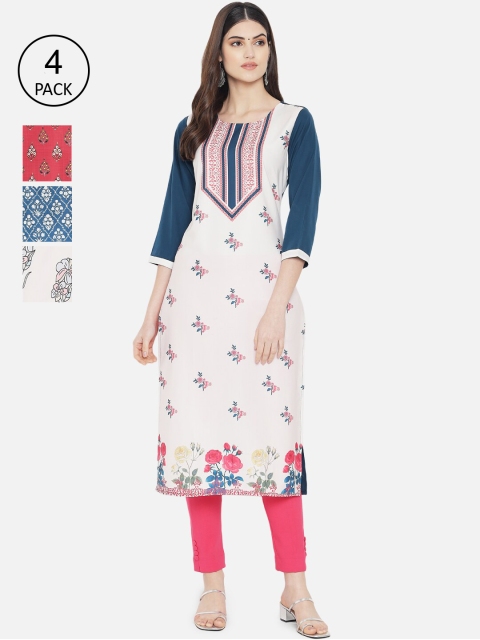 

7Threads Women Pack Of 4 Floral Printed Crepe Kurta, White