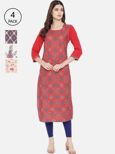 

7Threads Women Set of 4 Ethnic Motifs Printed Crepe Kurta, Multi