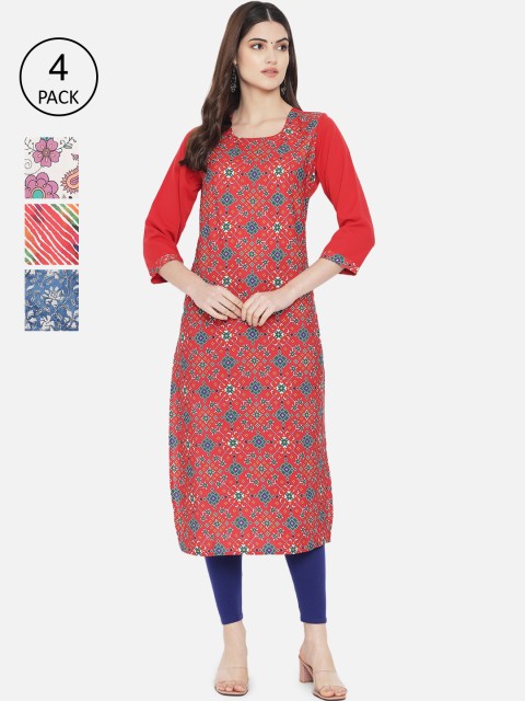 

7Threads Women Pack of 4 Printed Crepe Kurtas, Red