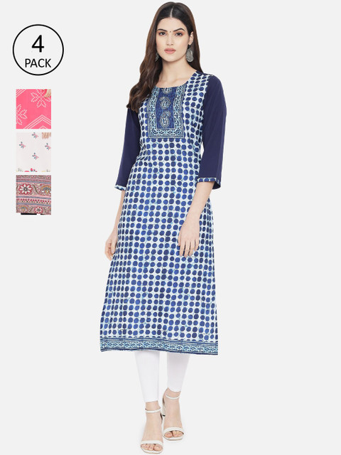 

7Threads Women Pack of 4 Multicoloured Printed Crepe Straight Kurta, Multi