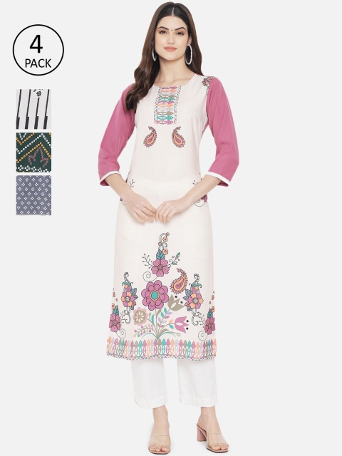 

7Threads Women Pack Of 4 White Ethnic Motifs Printed Crepe Kurta