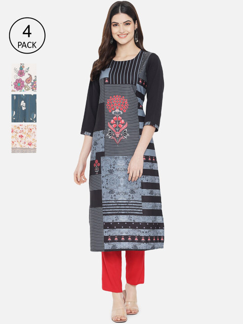 

7Threads Women Pack Of 4 Printed Crepe Kurta, Blue