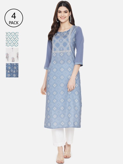 

7Threads Women Multicoloured Set of 4 Ethnic Motifs Printed Crepe Kurta, Multi