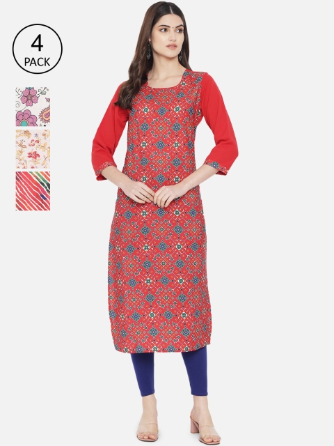 

7Threads Women Multicoloured Pack of 4 Floral Printed Crepe Kurta, Multi