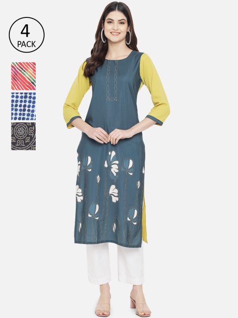 

7Threads Women Multicoloured Set Of 4 Printed Crepe Kurta, Multi