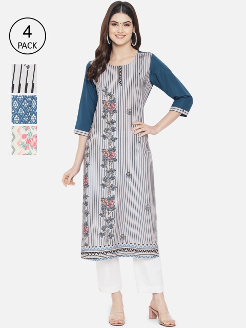

7Threads Women Pack of 4 Multicoloured Ethnic Motifs Printed Crepe Kurta, Multi